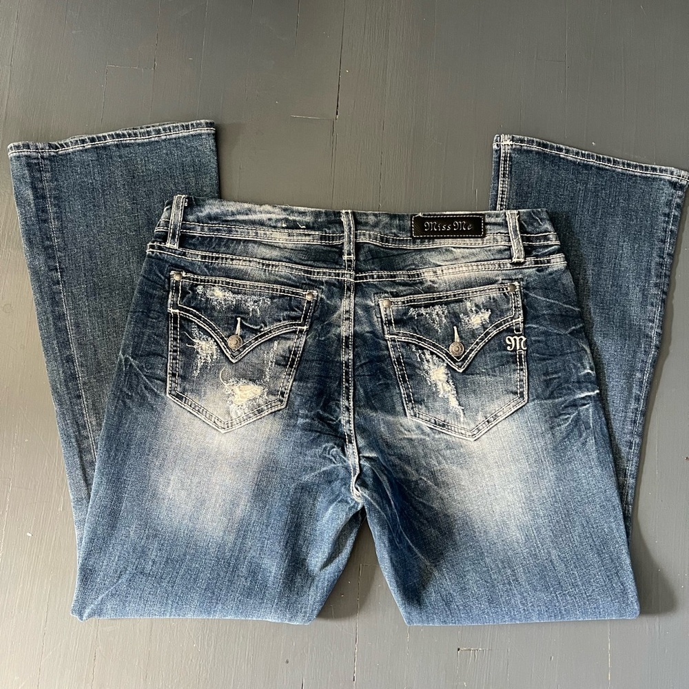 Miss Me Distressed Blue Jeans Size 34 MID RISE EASY BOOT